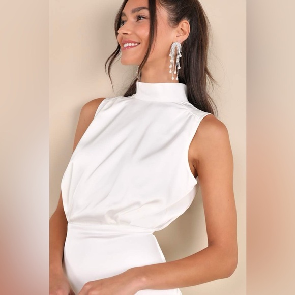 NWT Lulus Classic Elegance White Satin Sleeveless Mock Neck Mini Dress, Size XS - Picture 4 of 15